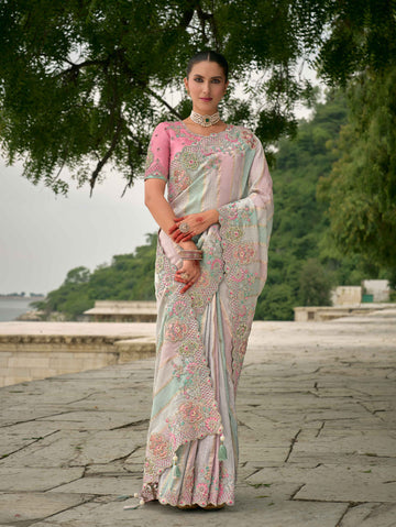 Multi Color Pure Viscose Embroidered HandWork C-Pallu Saree with Pink Silk Blouse - 7209